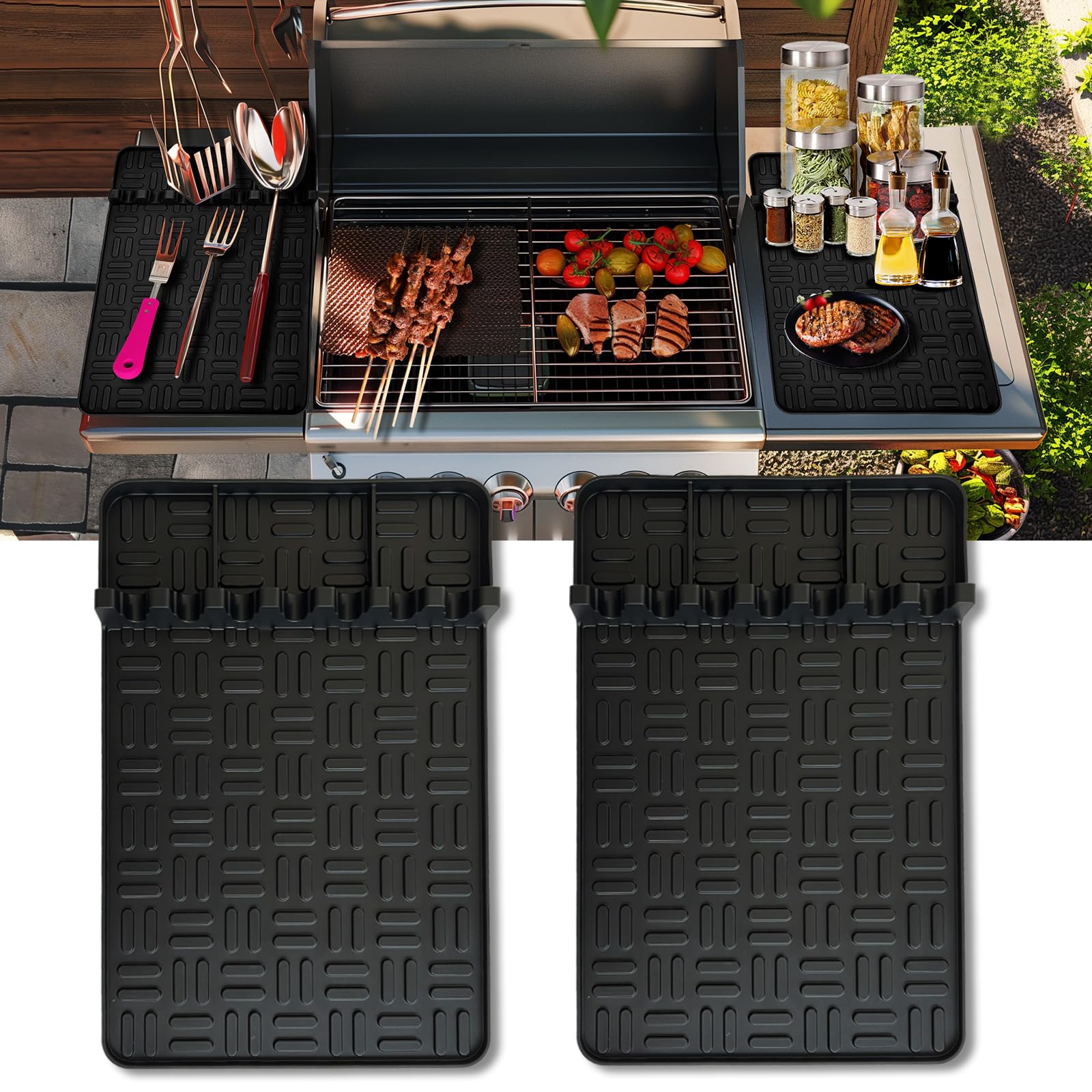 Pet Baby 2PCS Silicone Griddle Tools Mat, Large Spatula Mat with Drip Pad Griddle Silicone Mat Side Shelf Mat for Grill BBQ Griddle Accessories(Black15.35"*10.63")