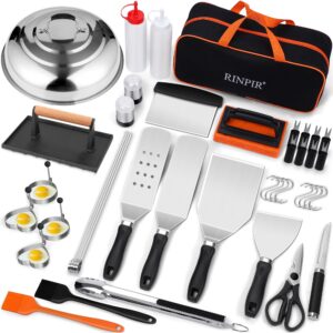 RINPIR 42pcs Griddle Accessories Kit for Blackstone, Flat Top Teppanyaki Spatula Set with Enlarged Spatulas, Melting Dome and Burger Press, Professional Hibachi Tools Gifts for Outdoor BBQ