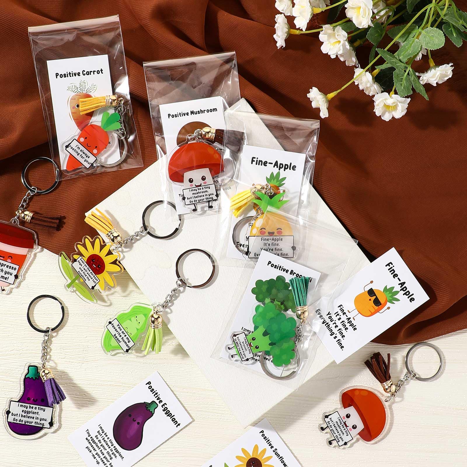 Siifert 20 Sets Emotional Support Keychain Bulk with Tassels Employee Appreciation Gift Acrylic Potato Pickle Mushroom Christmas Gift