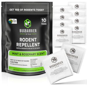 bugbarrier's extra-strength mouse repellent pouches, usda 99% biobased, peppermint & rosemary oils repel mice nesting & freshen air in car, rv, boat, garage, shed, cabin made in the usa (pack of 10)