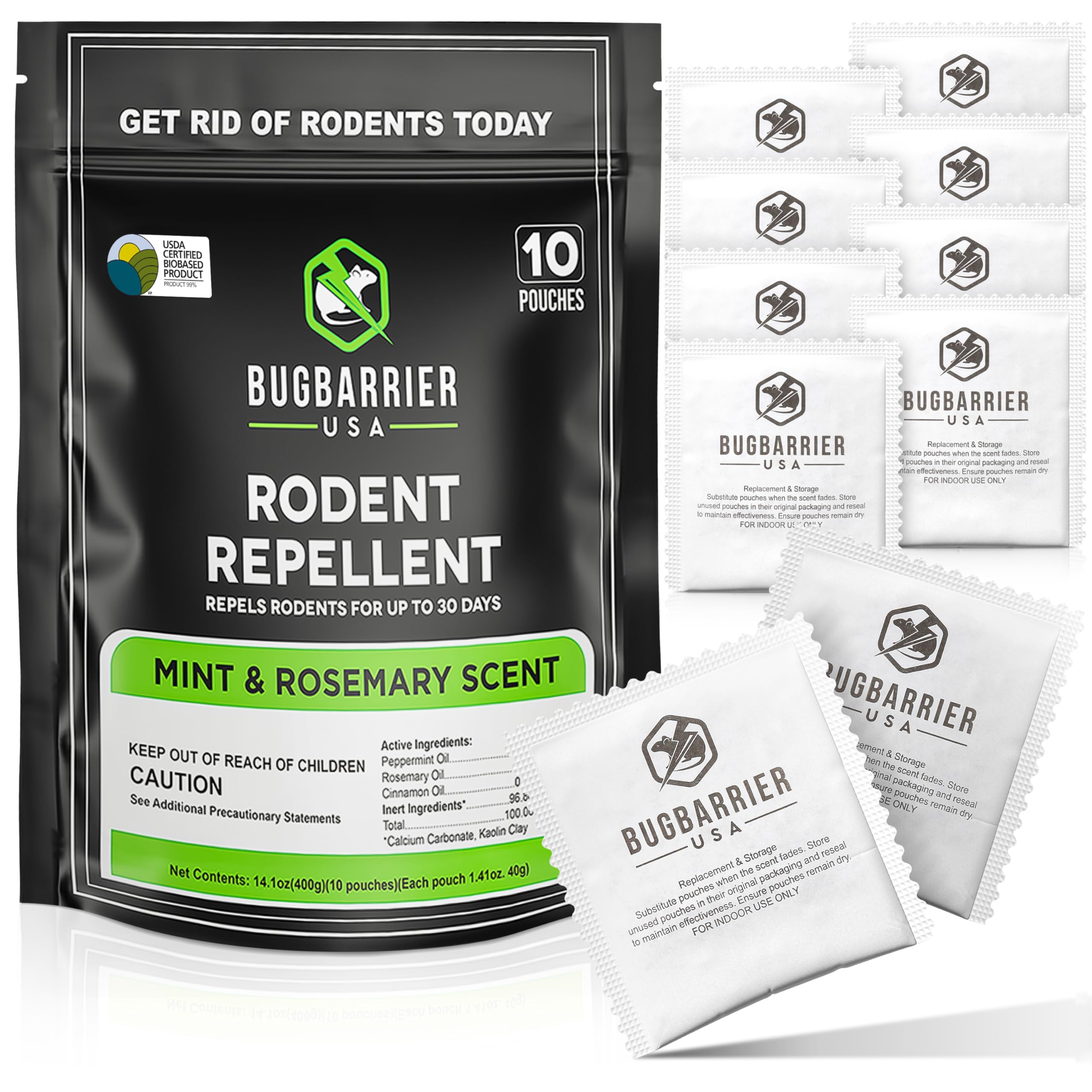 BugBarrier's Extra-Strength Mouse Repellent Pouches, USDA 99% Biobased, Peppermint & Rosemary Oils Repel Mice Nesting & Freshen Air in Car, RV, Boat, Garage, Shed, Cabin Made in The USA (Pack of 10)