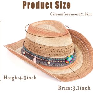 Cowboy Cowgirl Straw Hat with Bands for Women - Western with Wide Brim for Coastal Sun Beach Summer Ivory