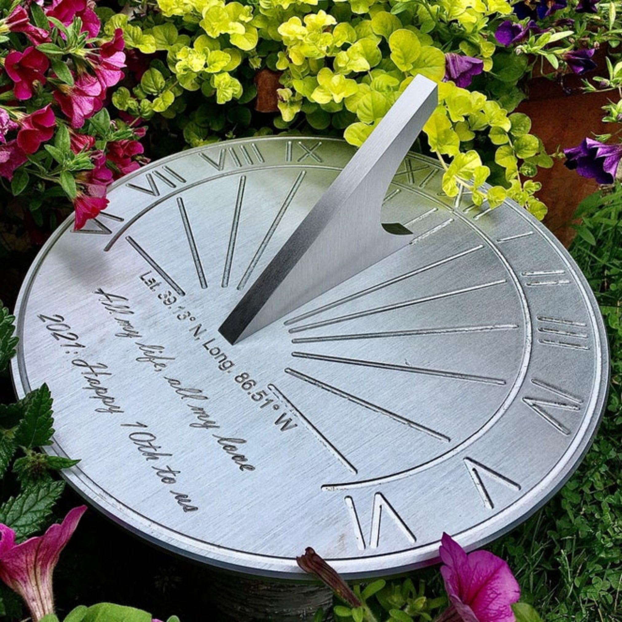 10 Year Anniversary Gift Sundial - Custom Engraved & Calibrated 10th Anniversary Gifts For Him Or Her - 10th Anniversary Gifts For Couple -10 Year Tin Anniversary Gifts Sundial