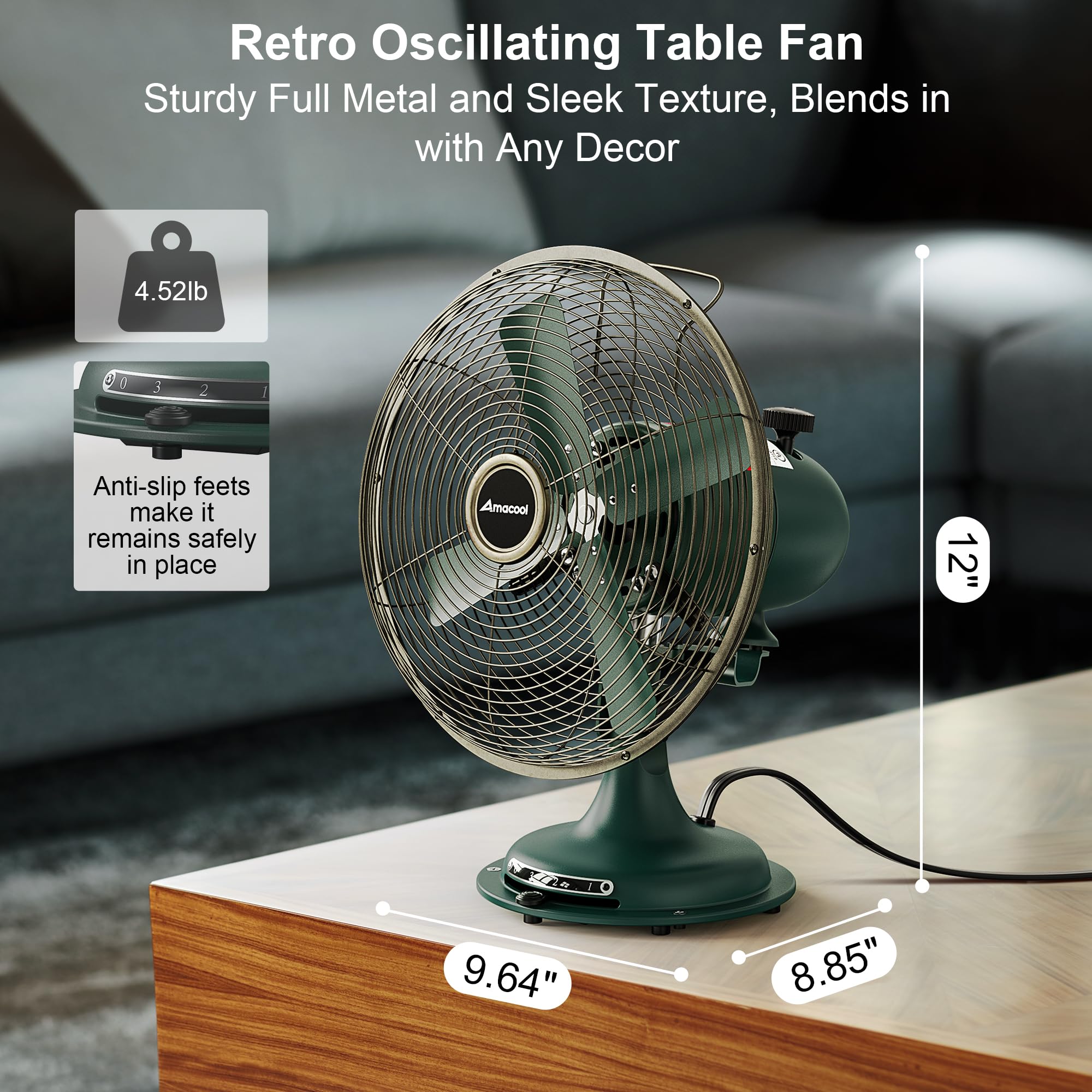 AMACOOL Oscillating Vintage Fan, All Metal Retro Table Top Fan, Adjustable Head Tilt, Quiet 3 Speeds Plug-In Desk Fan for Bedroom Home Office & Kitchen