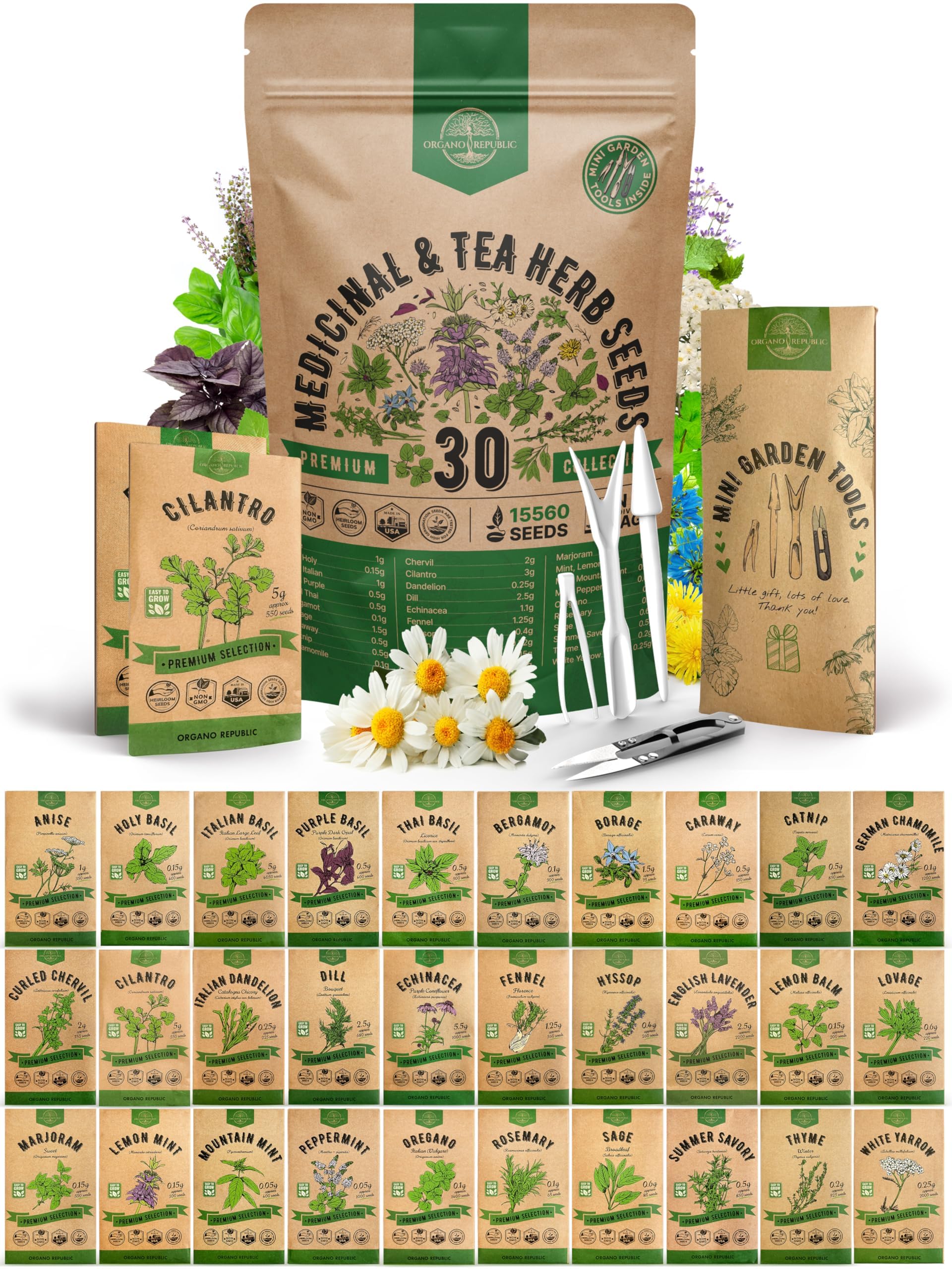 Organo Republic 30 Medicinal & Tea Herb Seeds Variety Pack 15,560+ Non-GMO Heirloom Garden Seeds for Indoor & Outdoors, Including Anise, Bergamot, Borage, Cilantro, Chamomile, Dandelion Seeds