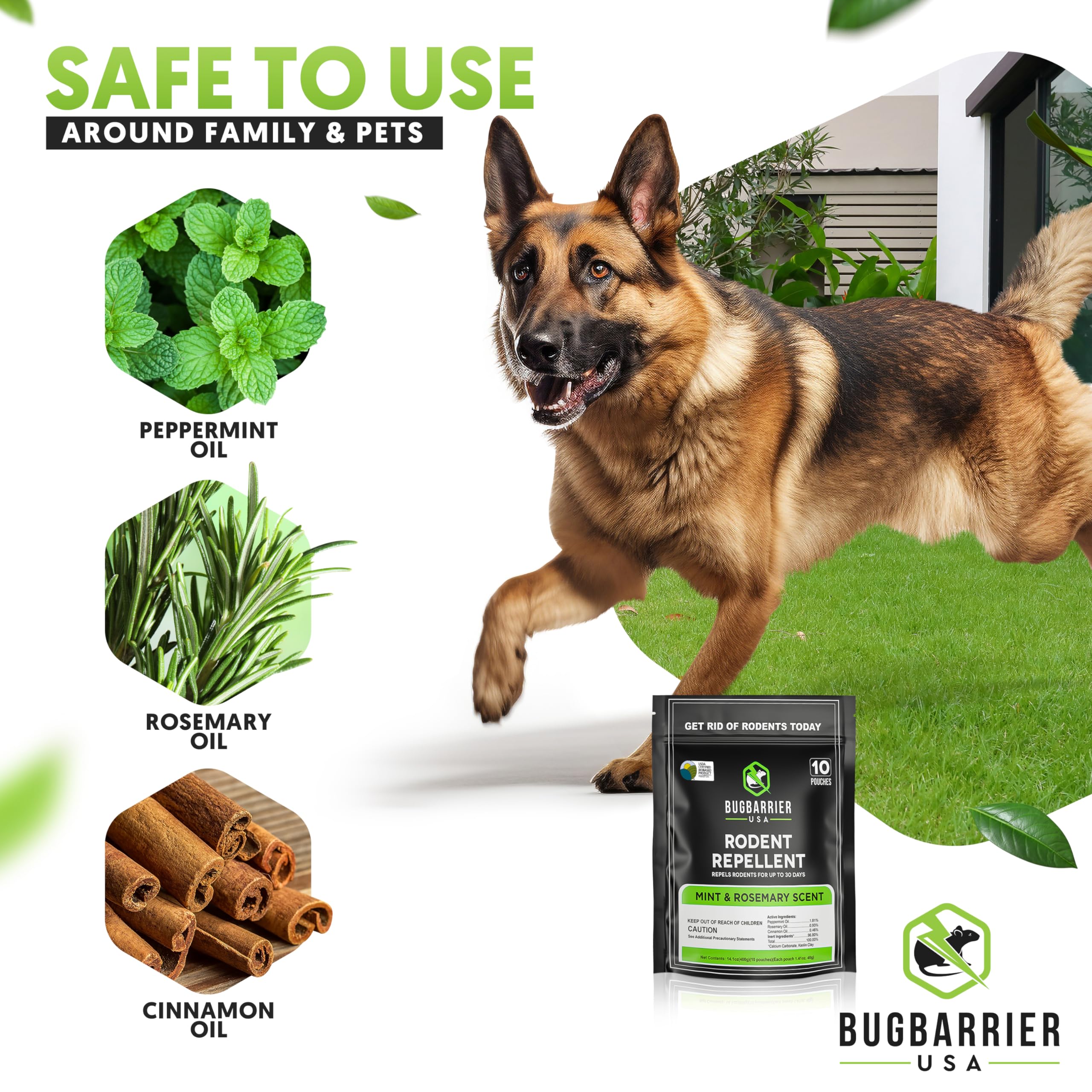 BugBarrier's Extra-Strength Mouse Repellent Pouches, USDA 99% Biobased, Peppermint & Rosemary Oils Repel Mice Nesting & Freshen Air in Car, RV, Boat, Garage, Shed, Cabin Made in The USA (Pack of 10)