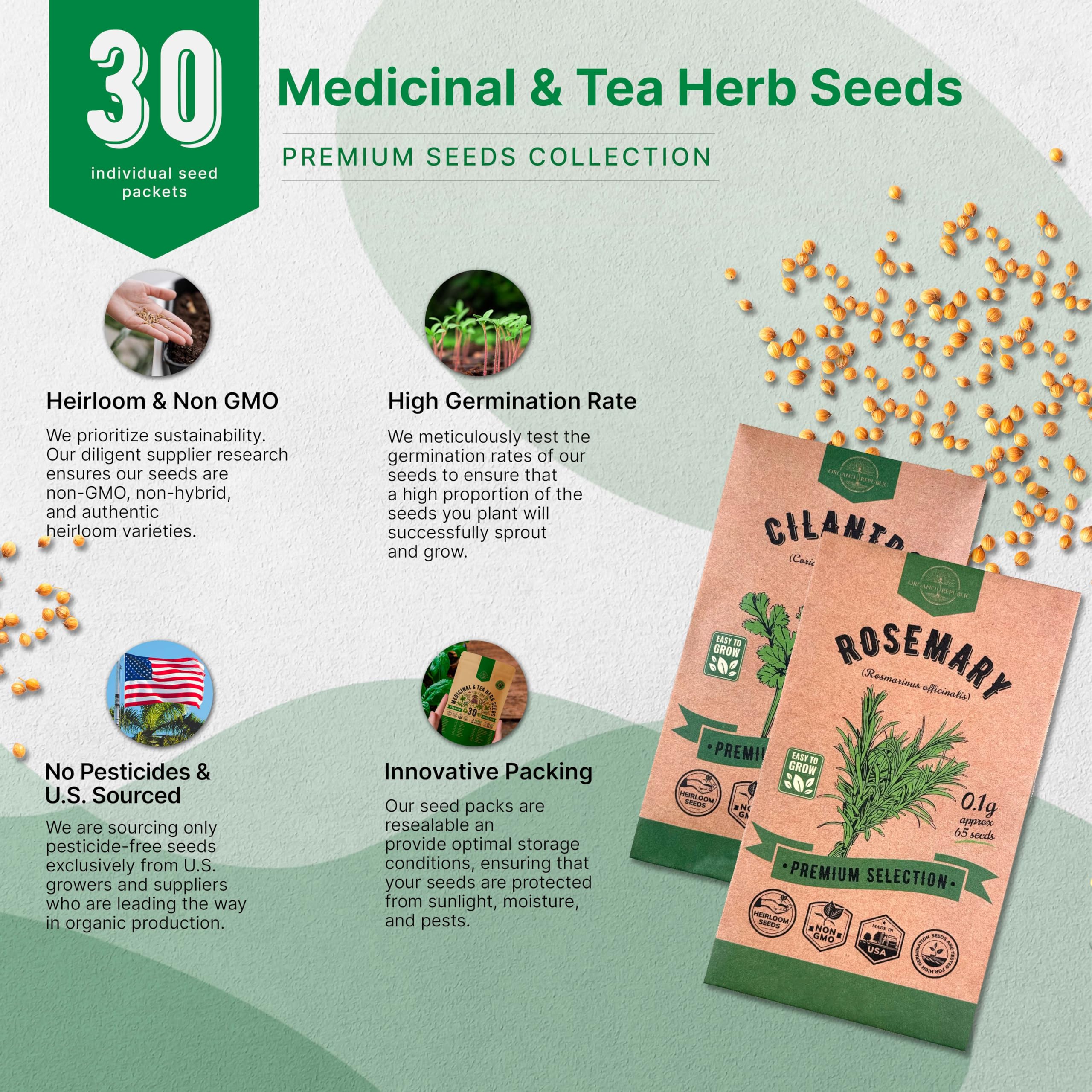 Organo Republic 30 Medicinal & Tea Herb Seeds Variety Pack 15,560+ Non-GMO Heirloom Garden Seeds for Indoor & Outdoors, Including Anise, Bergamot, Borage, Cilantro, Chamomile, Dandelion Seeds