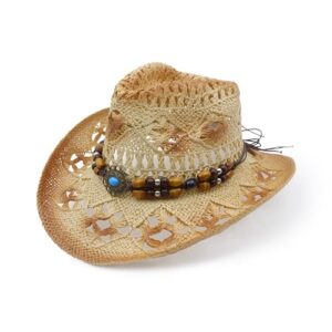 POUDAY Straw Cowboy Hat for Women Western Cowboy Hat with Wide Brim Breathable Cowgirl Hat for Summer Beach Beige