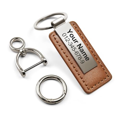 Clawelves Engraved Personalized Leather Keychain - Custom Name ID Metal Keychain for Men and Father Gift (Classic Leather&Metal Keychain)