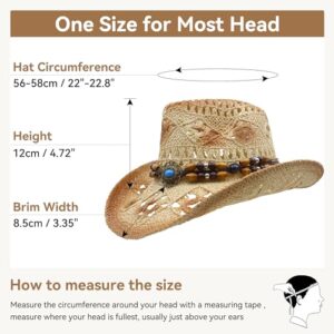 POUDAY Straw Cowboy Hat for Women Western Cowboy Hat with Wide Brim Breathable Cowgirl Hat for Summer Beach Beige