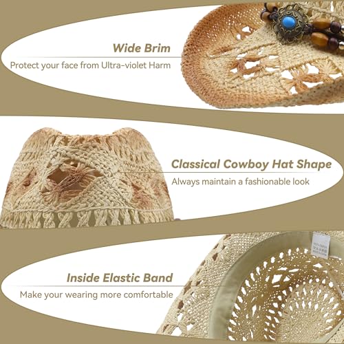 POUDAY Straw Cowboy Hat for Women Western Cowboy Hat with Wide Brim Breathable Cowgirl Hat for Summer Beach Beige