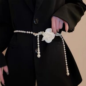 Women Camellia Pearl Belt for Dress Flower Waist Belt Adjustable Pearl Waist Chain Belt Body Chain for Wedding Prom Jewelry Gift (White)