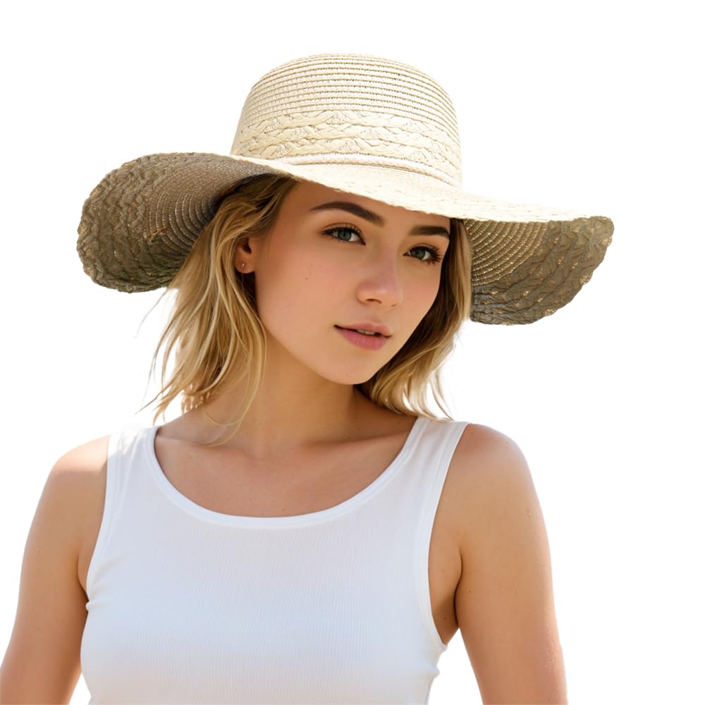 Harikery Womens Sun Straw hat Wide Brim UPF 50+ Packable Foldable Summer Beach hat for Women with Wind Lanyard Cream