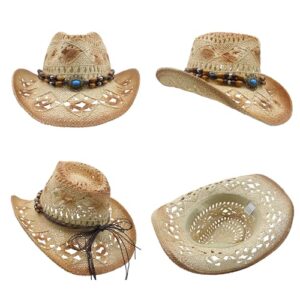 POUDAY Straw Cowboy Hat for Women Western Cowboy Hat with Wide Brim Breathable Cowgirl Hat for Summer Beach Beige