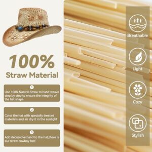 POUDAY Straw Cowboy Hat for Women Western Cowboy Hat with Wide Brim Breathable Cowgirl Hat for Summer Beach Beige