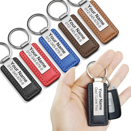 Clawelves Engraved Personalized Leather Keychain - Custom Name ID Metal Keychain for Men and Father Gift (Classic Leather&Metal Keychain)