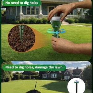 Mole Repellent for Lawns, Solar Powered | Patent Screw-Shape-Stake Design | IP65 Waterproof, Varying Sonic and Vibration to Expel Mole Gopher Snake Vole, for Lawn Garden & Yard (4pc)