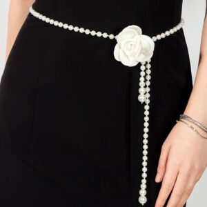 Women Camellia Pearl Belt for Dress Flower Waist Belt Adjustable Pearl Waist Chain Belt Body Chain for Wedding Prom Jewelry Gift (White)