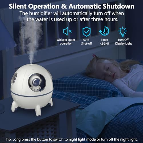 Humidifier for Bedroom Kids, Mini Water Diffuser with Colorful Night Lights Cool Air Mist Quiet Humidifiers with Cute Space Capsule Detachable Astronaut Rechargeable for Office Desktop 220ML(White)