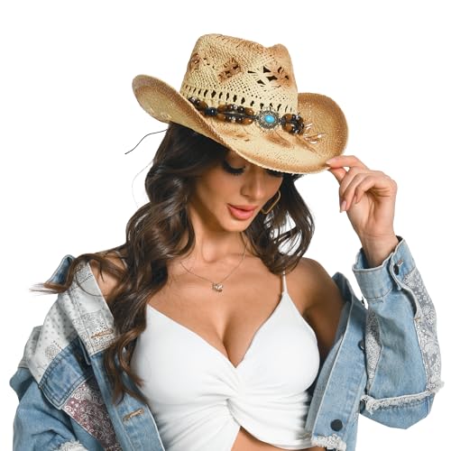 POUDAY Straw Cowboy Hat for Women Western Cowboy Hat with Wide Brim Breathable Cowgirl Hat for Summer Beach Beige