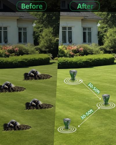 Mole Repellent for Lawns, Solar Powered | Patent Screw-Shape-Stake Design | IP65 Waterproof, Varying Sonic and Vibration to Expel Mole Gopher Snake Vole, for Lawn Garden & Yard (4pc)