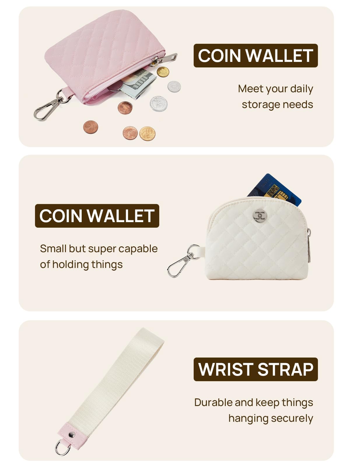 Telena Mini Zip Around Wristlet Wallets for Women Coin Purse Wristlet Keychain Dual Pouch Wallet Beige Pink