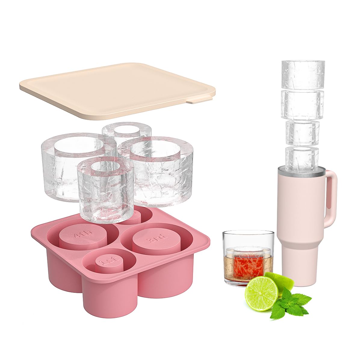 Large Silicone Ice Cube Tray for 20-30-40 oz Tumbler Cup, Slow Melting Ice Mold with Lid, Easy Release Ice Maker(Pink)