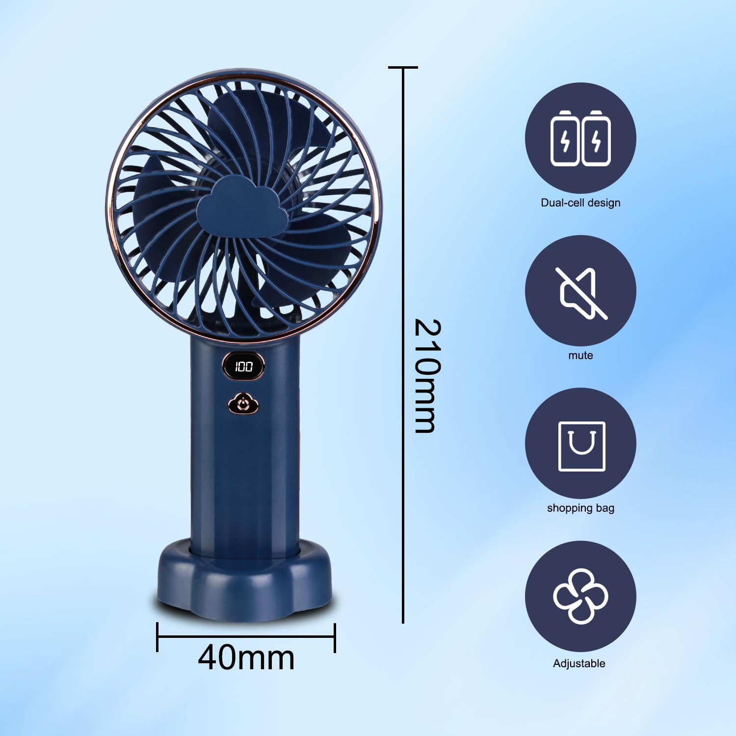 Coastacloud Portable Handheld Fan, 10000mAh Rechargeable Personal Fan, Mini Desk Fan with 5 Wind Speed, LCD Digital Display, Ultra Quiet, for Indoor, Outdoor, Office - Blue