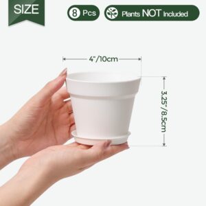 T4U 4 Inch Plant Pots 8-Pack - Small Plastic Planter with Drainage Hole and Saucer, Decorative Nursery Pot Bulk for African Violet, Snake Plant, Succulent and All House Plants Indoor (White)