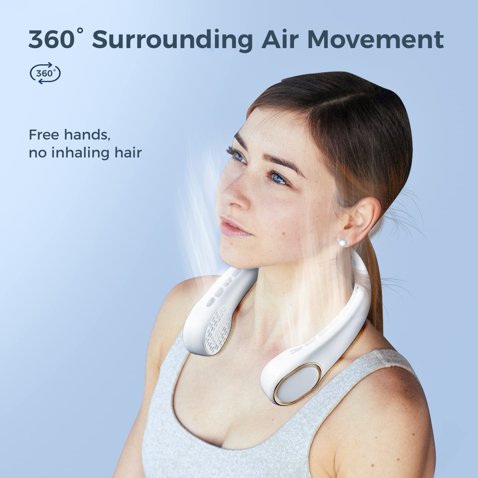 MFEESYOB Portable Neck Fan, 5000mAh Battery Operated Wearable Personal Fan with USB Rechargeable, 3 Adjustable Speeds, 360° Cooling，Super Quiet, Suitable for Outdoor Sports, Travel, Office