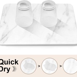 Large Stone Dish Drying Mats for Kitchen Counter, 21.7"(L)×15.8"(W), Quick Dry Super Absorbent Dish Drying Mat, Eco-Friendly Diatomaceous Earth Mat with Non-Slip Pad for Dishes Bottles(White Marble)