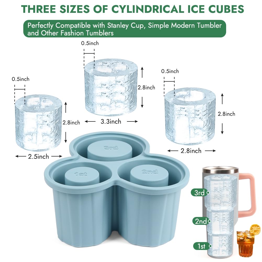 BYKITCHEN Large Ice Cube Mold for Stanley Cup, Silicone Ice Tray Compatible with 40Oz Stanley/Simple Modern & 30-40oz Tumbler, Big Cylinder Tumbler Ice Mold with Lid for Freezer, Whiskey, Cocktails