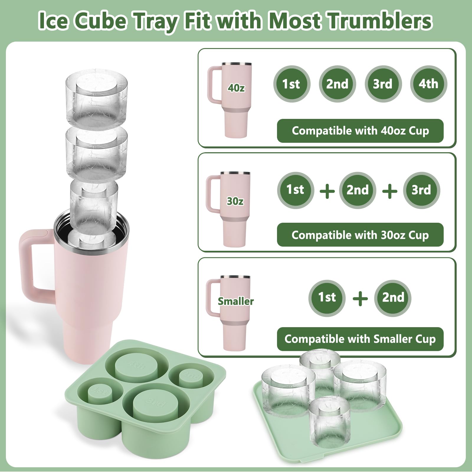 Sloworld Ice Cube Tray for Tumbler, 4 PCS Silicone Hollow Cylinder Ice Mold for Freezer, Chilling Coffee, Tea, Ice Drink, Juice, Whiskey, Cocktail, for Stanley Cup 20Oz, 30Oz, 40Oz(Green)