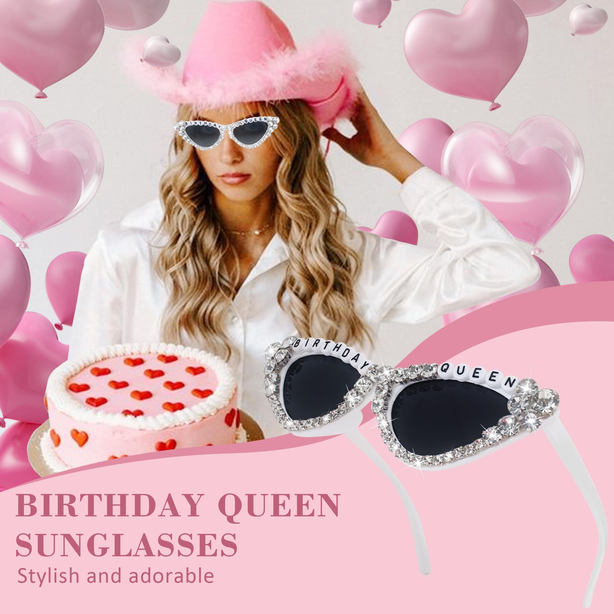 JUSTOTRY Birthday Glasses for Women Birthday Queen Sunglasses Birthday Party Gift Stylish Shiny Diamond Pearl Sunglasses for Girl Birthday Party Gift Supplies Accessories Favors