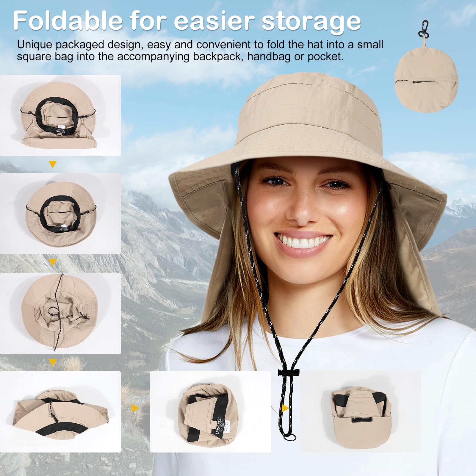 Waterproof Sun Rain Hat for Women Wide Brim UPF50+ UV Protection Packable Men Bucket Safari Fishing Hat with Neck Flap