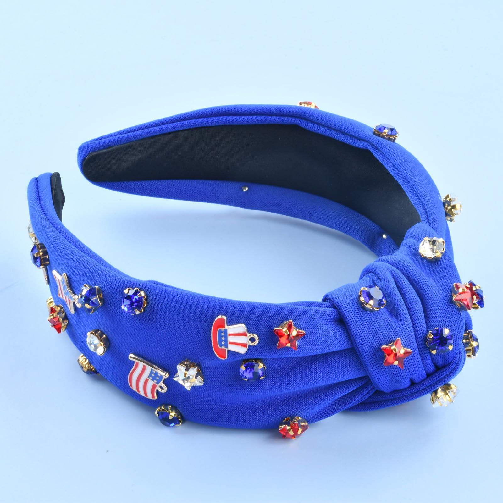 ABONDEVER Patriotic Rhinestone Knotted Headband Headbands for Women Crystal Wide American Flag Top Knot Headband 4th of July Independence Day Hair Accessories Holiday Gifts(Blue-Star)