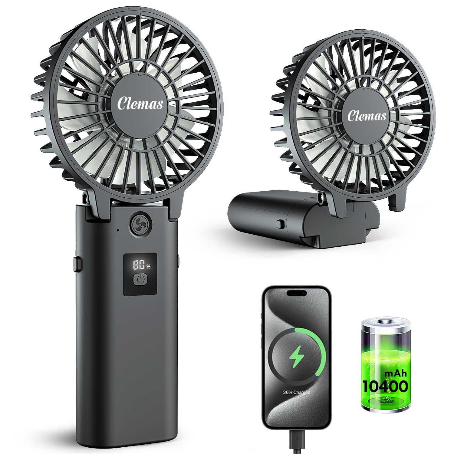 Clemas Handheld Rechargeable Fan - Long Life 10400mAh Battery Pack for Phone, Black, 3-in-1 Cordless, USB-C Charged, Foldable, Perfume Diffuse, Ideal for Lady Makeup, Travel & Outdoors, Lollipop