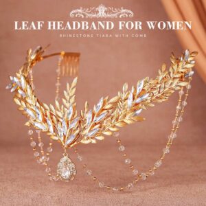 Aukmla Leaf Headband Crown Gold Leaves Headpiece Head Chain Prom Bridal Hair Accessories for Women and Girls