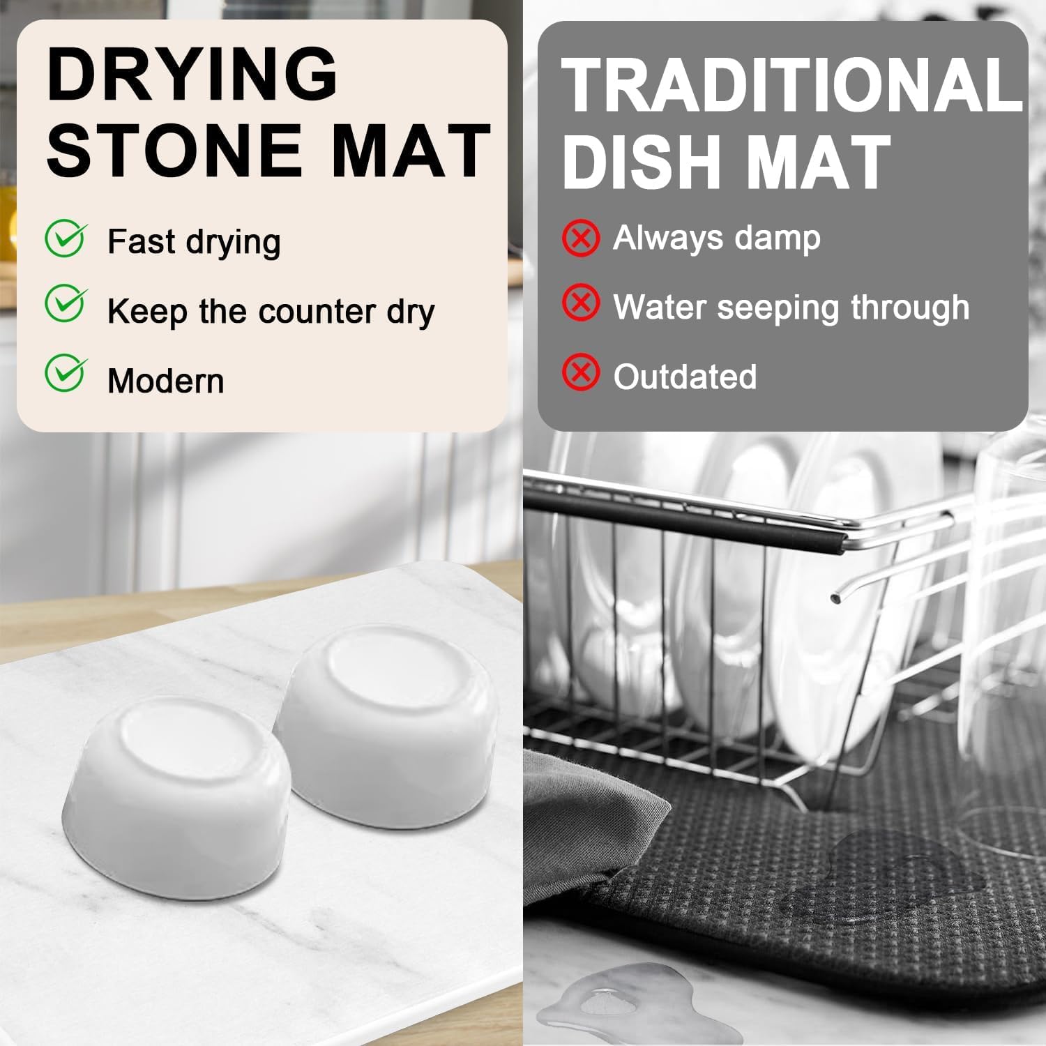 Large Stone Dish Drying Mats for Kitchen Counter, 21.7"(L)×15.8"(W), Quick Dry Super Absorbent Dish Drying Mat, Eco-Friendly Diatomaceous Earth Mat with Non-Slip Pad for Dishes Bottles(White Marble)