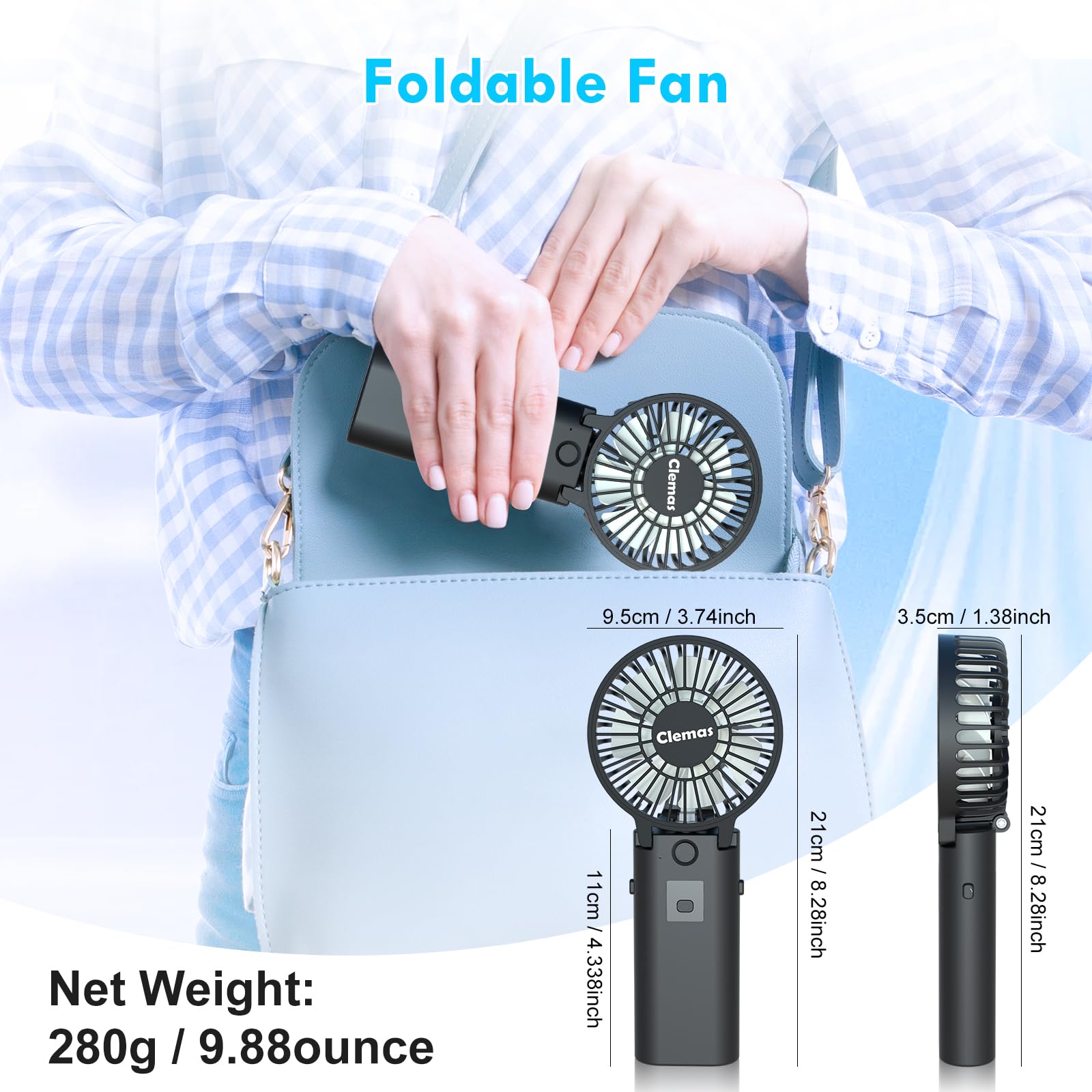 Clemas Handheld Rechargeable Fan - Long Life 10400mAh Battery Pack for Phone, Black, 3-in-1 Cordless, USB-C Charged, Foldable, Perfume Diffuse, Ideal for Lady Makeup, Travel & Outdoors, Lollipop