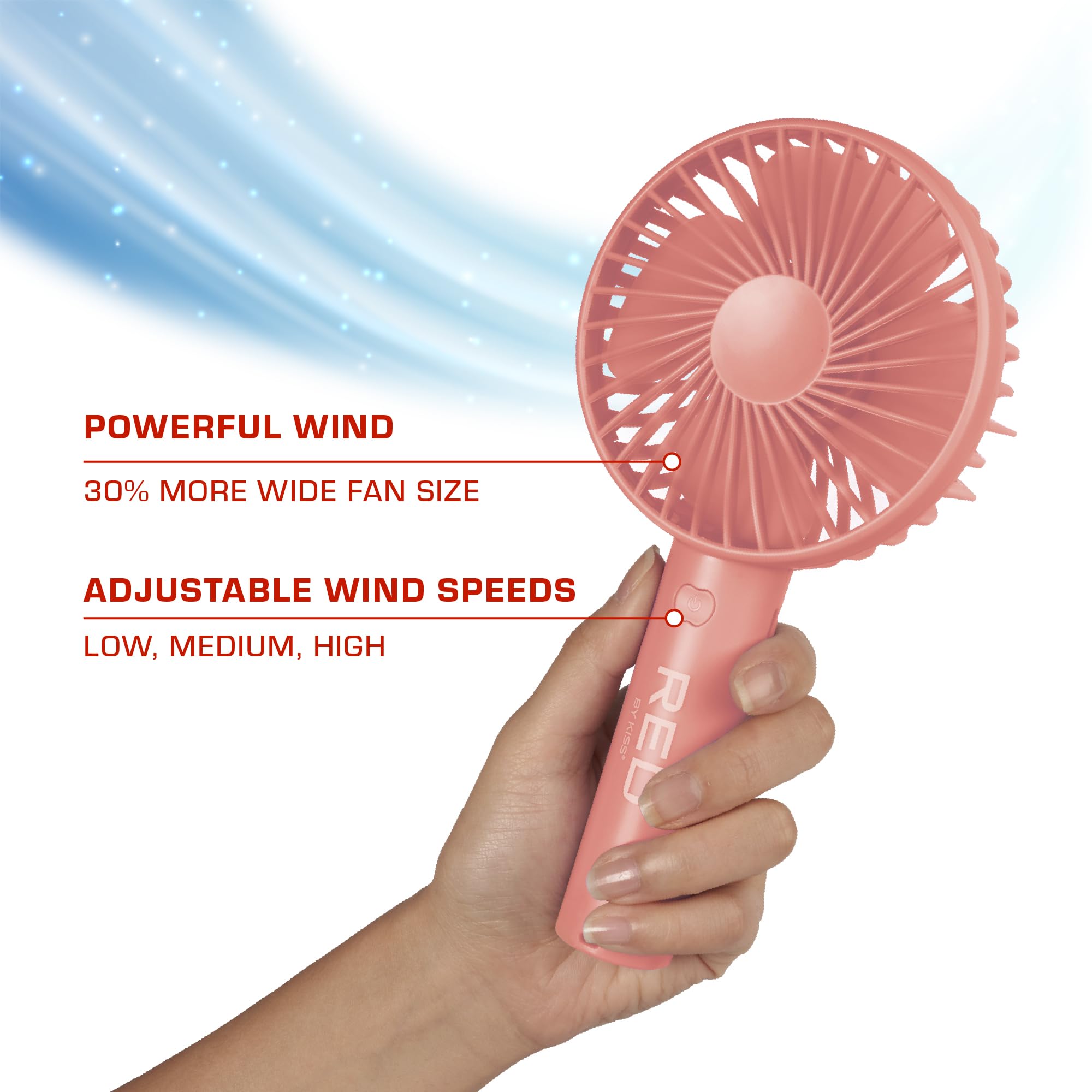 Red by Kiss Handheld Fan, Mini Portable Personal Desk Fan with USB Rechargeable, 3 Speed Long Lasting Powerful Small Fan for Makeup Travel Home Office Lace Wig Eyelash Face Nail (Pink)