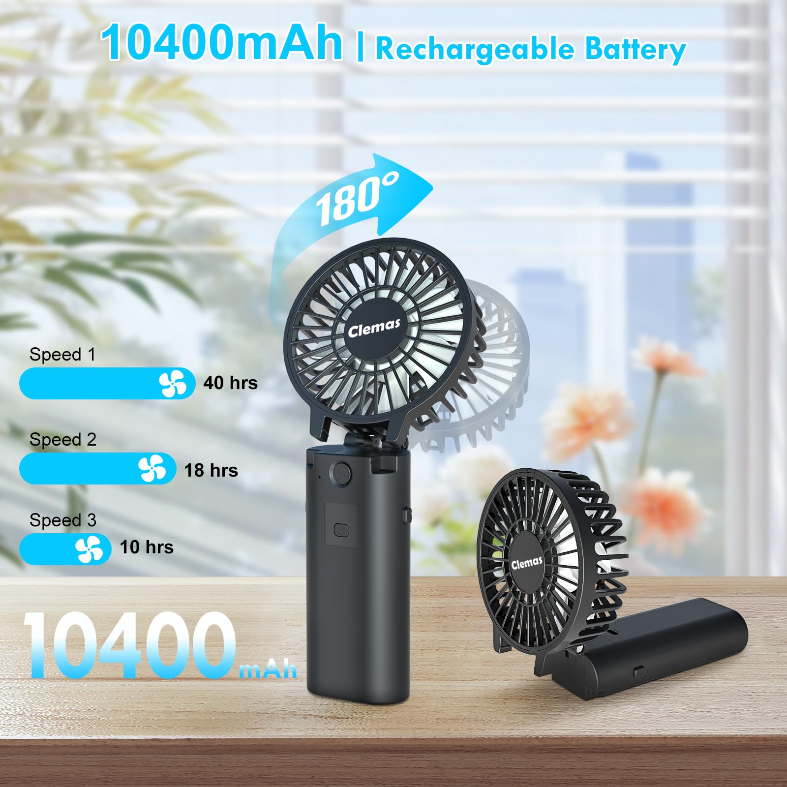 Clemas Handheld Rechargeable Fan - Long Life 10400mAh Battery Pack for Phone, Black, 3-in-1 Cordless, USB-C Charged, Foldable, Perfume Diffuse, Ideal for Lady Makeup, Travel & Outdoors, Lollipop