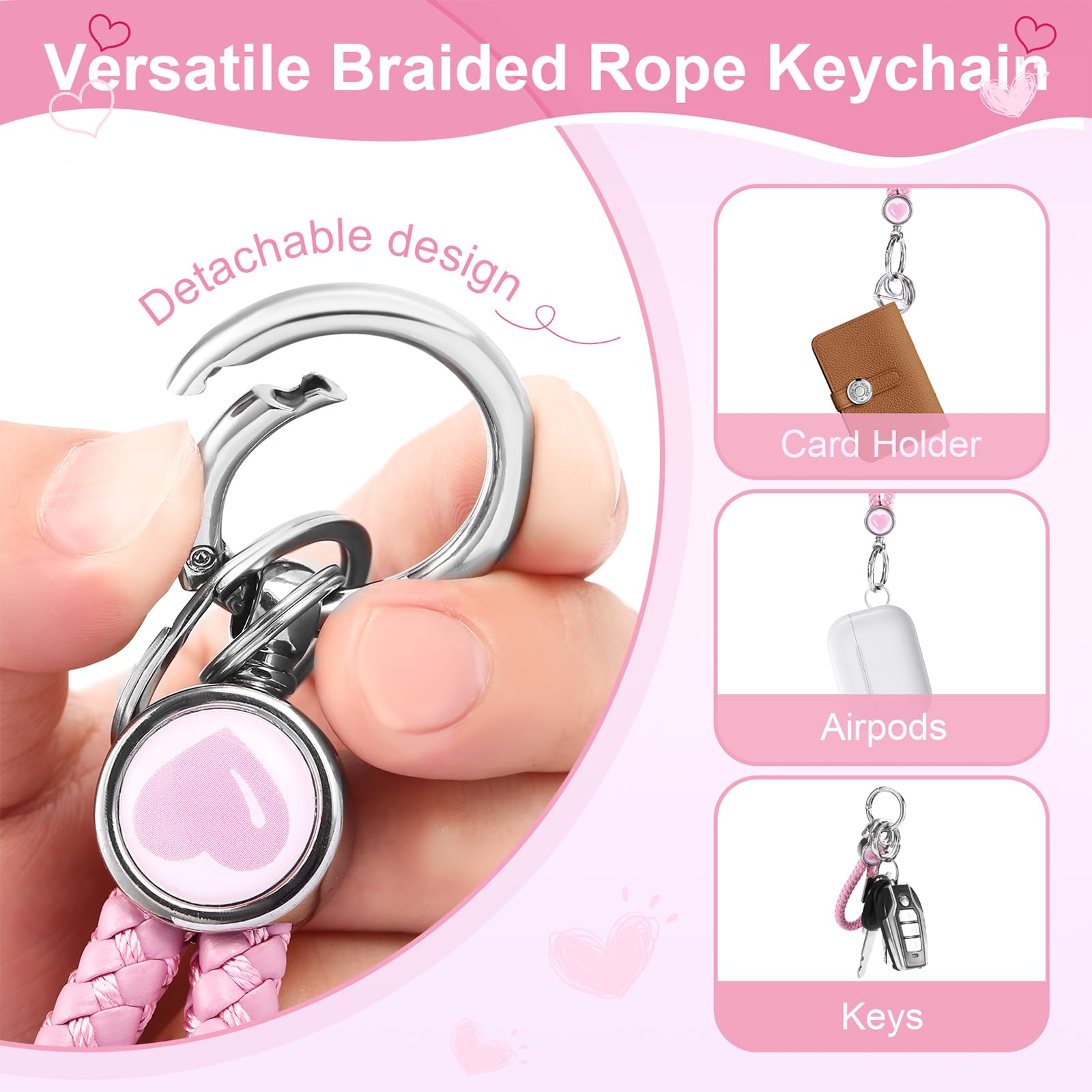 Weixiltc Braided Rope Keychain, Car Key Chain Holder with 4 Key Ring and Anti-Lost D Ring, Personalized Gift for Women (Pink)