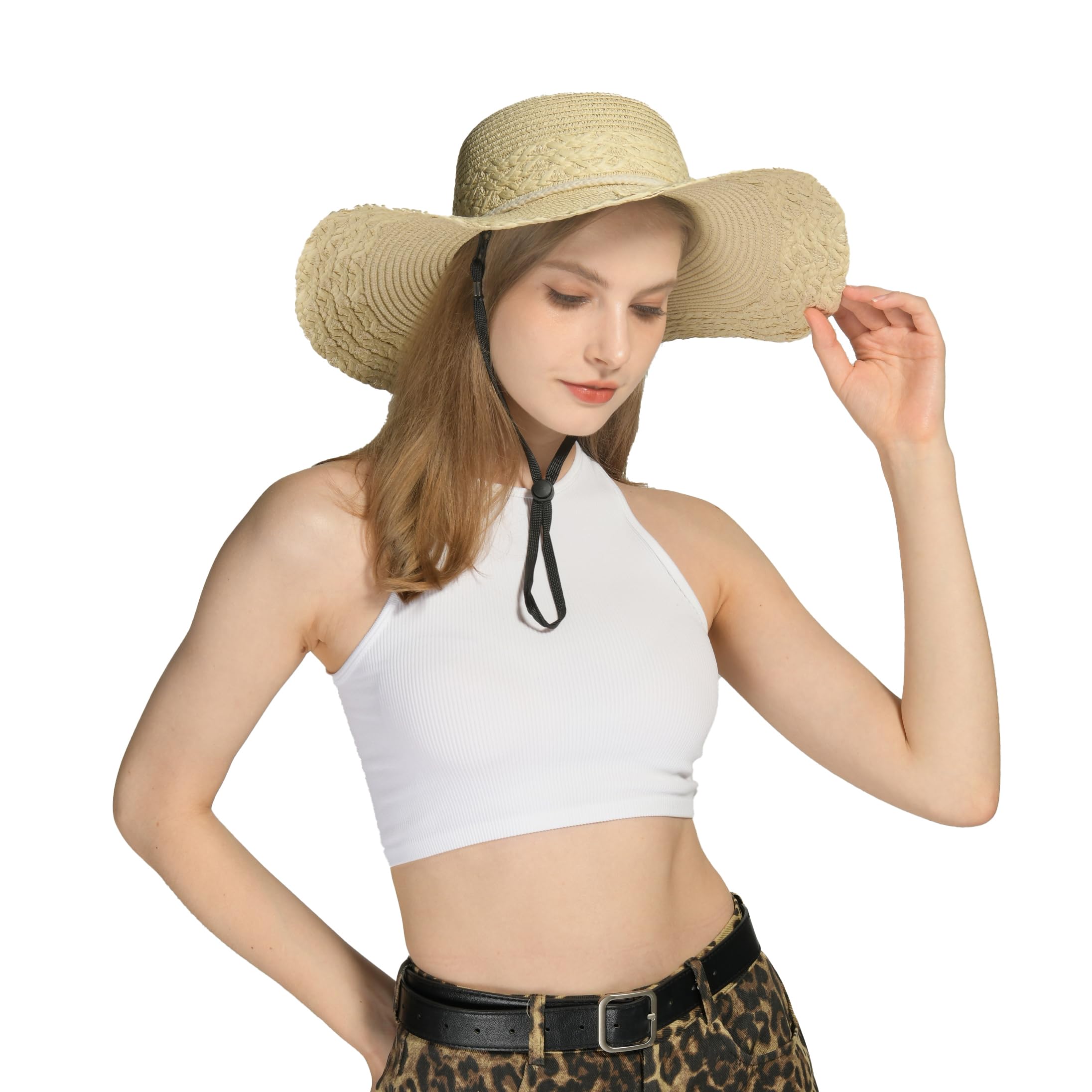 Harikery Womens Sun Straw hat Wide Brim UPF 50+ Packable Foldable Summer Beach hat for Women with Wind Lanyard Cream