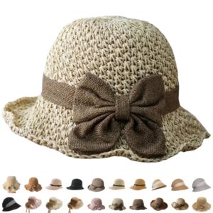 elegant straw hats for women summer vintage ruffle bowknot straw hat handmade woven women sun straw hat (us, alpha, one size, 7.5cm hat brim - beige)