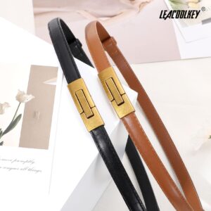 LEACOOLKEY 2 Pack Women Skinny Leather Belts Ladies Vintage Gold Buckle Thin Waist Belts for Dresses Black+Brown