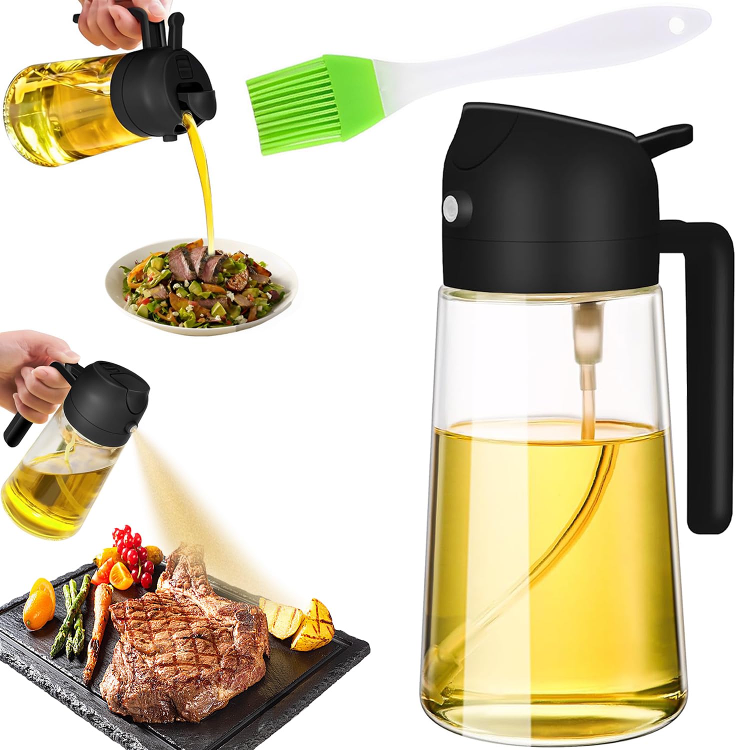 XIDIAK Oil Dispenser for Kitchen, 2 in 1 Oil Dispenser and Oil Sprayer, 16.5oz/470ML Oil Dispenser Bottle Spray and Pour with Brush for Air Fryer, Kitchen, Salad, Frying, BBQ