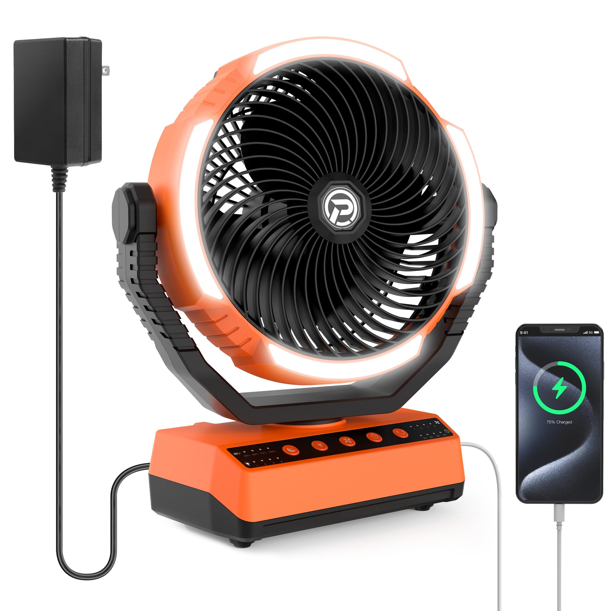 PANERGY Camping Fan with Light, 20000mAh Rechargeable Battery, Auto-Oscillating, Remote for Tent, Travel, Power Outage, Jobsite,Charger Adapter Included, 8 inch, Orange