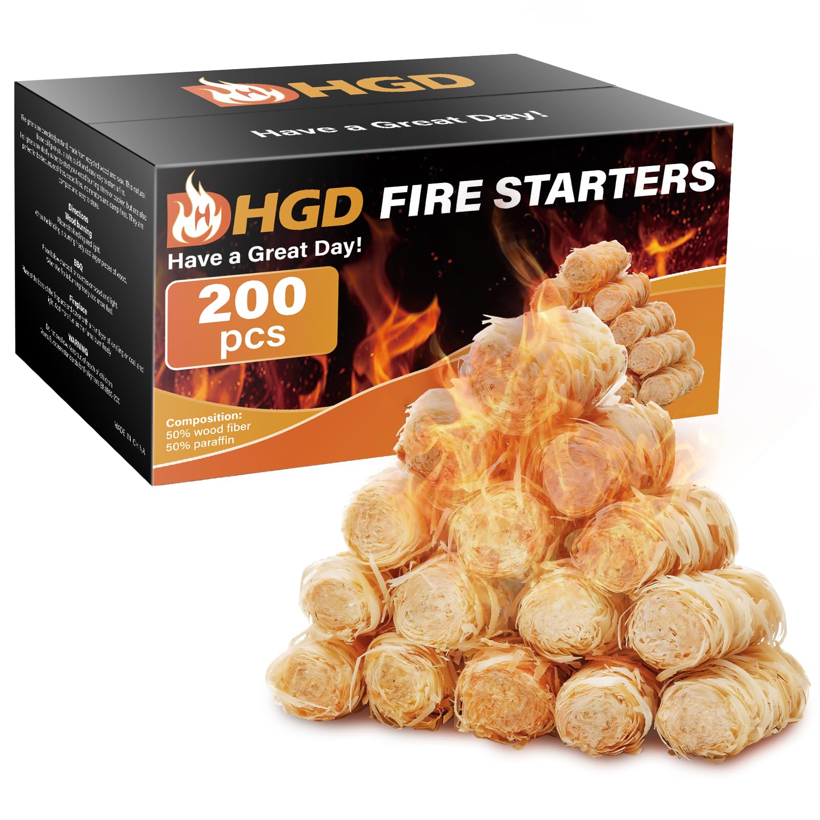 HGD (200pcs Fire Starters for Campfires, Natural Charcoal Starters,Chimney Starter for Charcoal Grill, Indoor Outdoor Use, Weather-Resistant