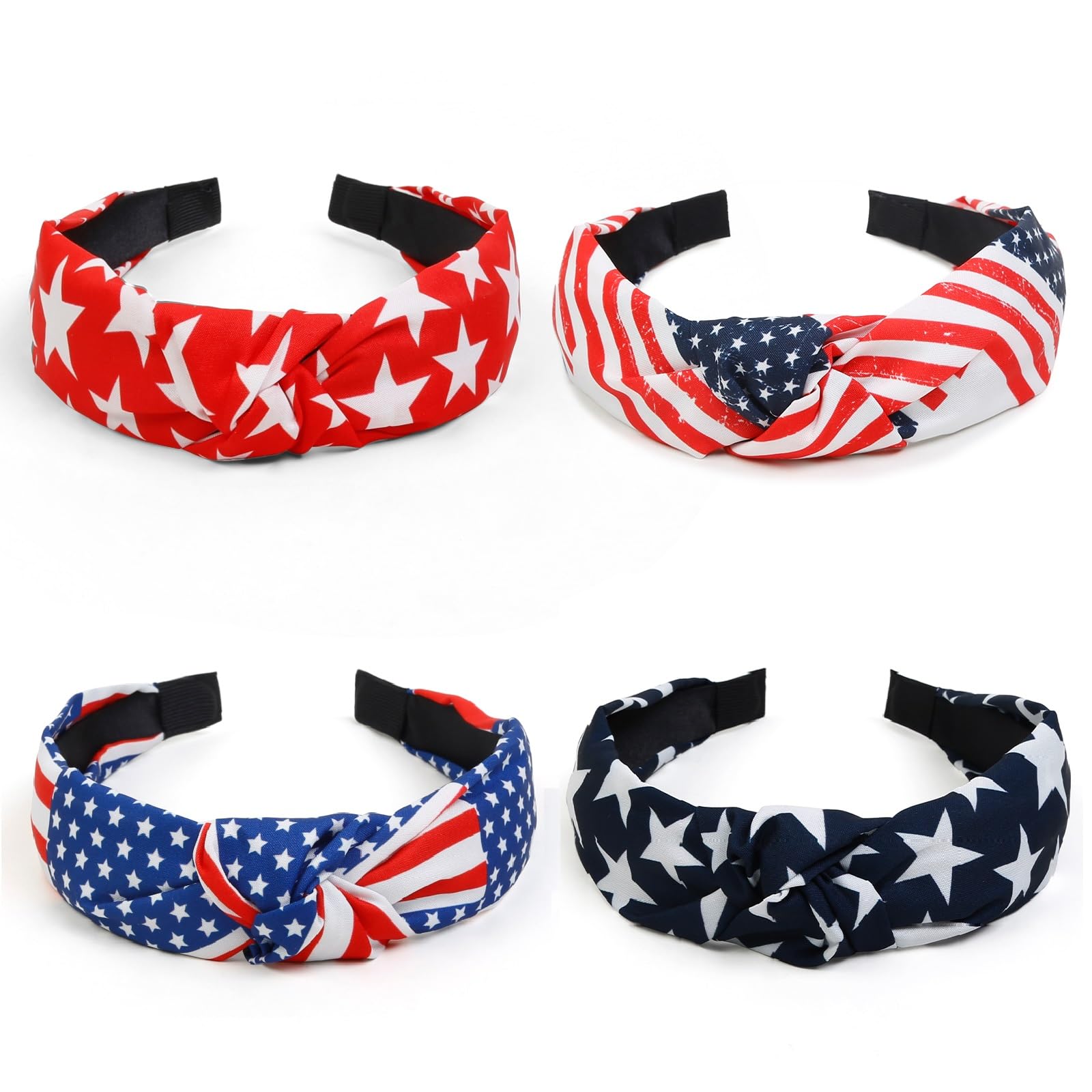 American Flag Headbands for Women Knotted 4th of July Headband Accessories for Women Patriotic USA Hair Band Top Knot Hair Hoops Girls Independence Day 4 Pack Red White and Blue Women Head Bands